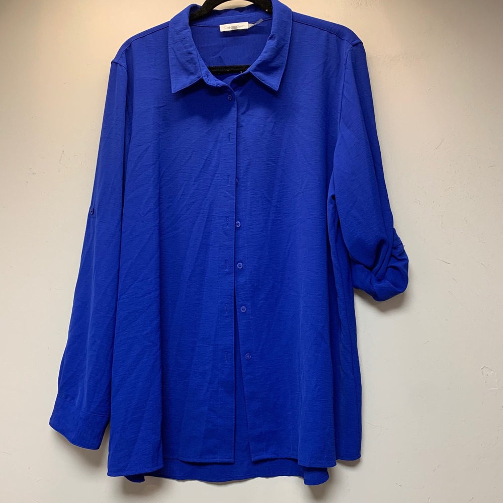 Calvin Klein Button Down Shirt Womens XL Royal Blue Excellent Roll Tab Blouse